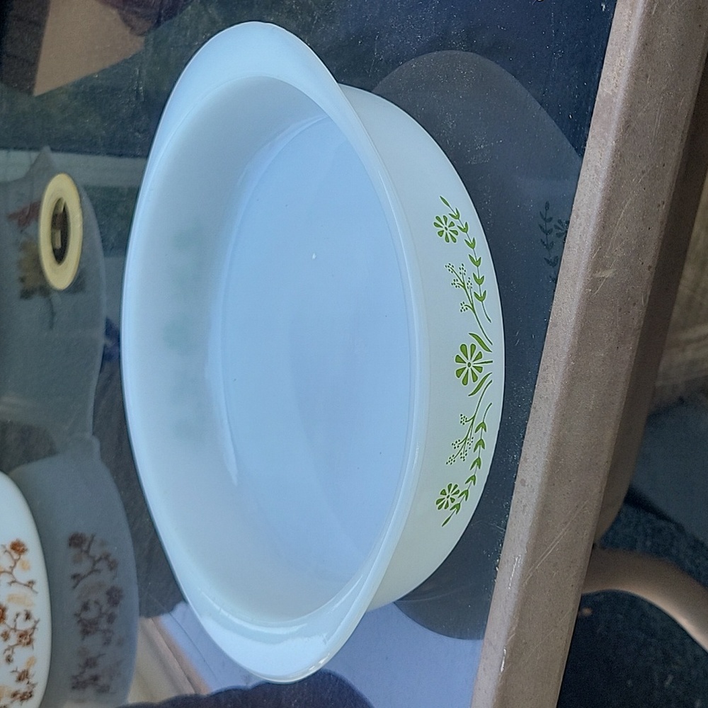 Vintage Glasbake Ovenware Milk Glass Baking Dish J2429 8in Green Daisy Flowers17